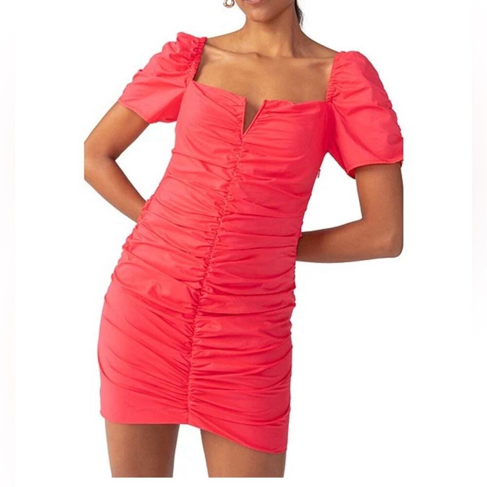 Sanctuary Split Square Neck Short Puffed Sleeve Shirred Poplin Mini Dress Size 4